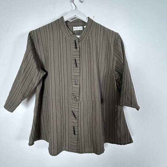 Habitat Womens Olive Green Striped Swing Jacket Medium 3/4 Sleeve Unique Buttons - Picture 1 of 8